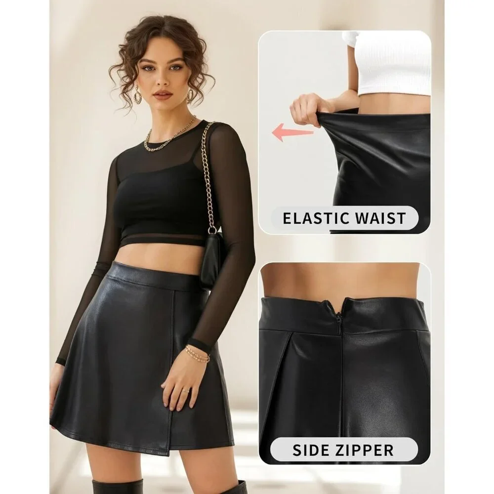 Women's Black High Waist A Lined Faux Leather Trendy Outfit Mini Short Skirts